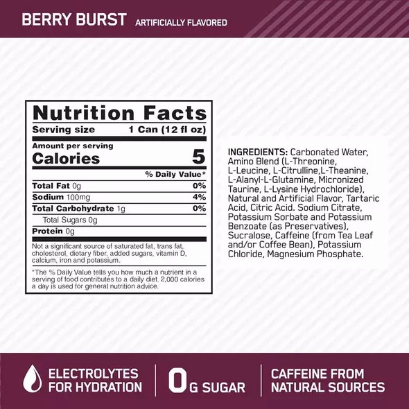 Optimum Nutrition ESSENTIAL AMIN.O. ENERGY+ Electrolytes Sparkling Berry Burst 355ml * 12 Cans (12 Servings) Polska | 649128VJA