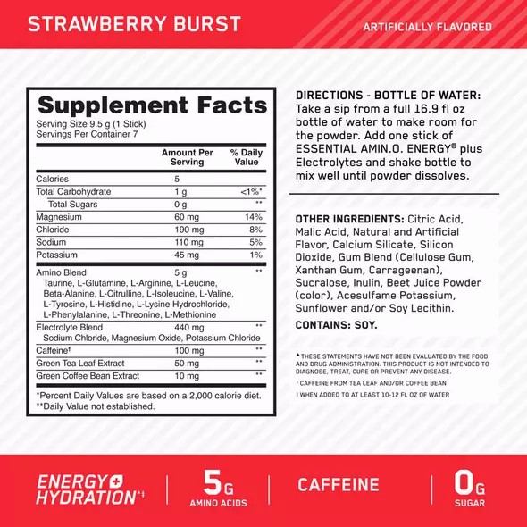 Optimum Nutrition Essential AMIN.O. ENERGY + Electrolytes Strawberry Burst 0.63 lb (30 Servings) Polska | 754689KMD