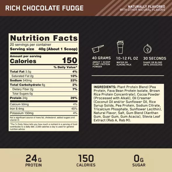 Optimum Nutrition GOLD STANDARD® 100% Plant Rich Chocolate Fudge 1.76 lb (20 Servings) Polska | 386792XSP