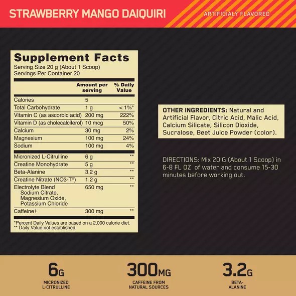 Optimum Nutrition GOLD STANDARD® Pre Advanced Strawberry Mango Daiquiri 0.88 lb (20 Servings) Polska | 863591OTD