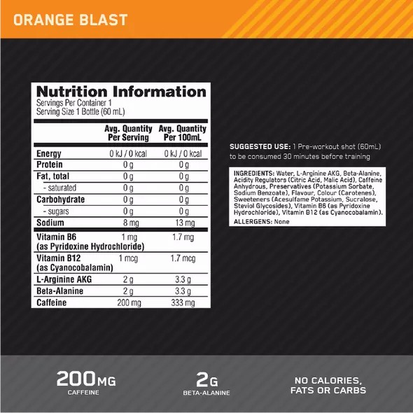 Optimum Nutrition Pure Pre 200 Pre-Workout Shot Orange 60ml (12 shots) Polska | 157493LJN